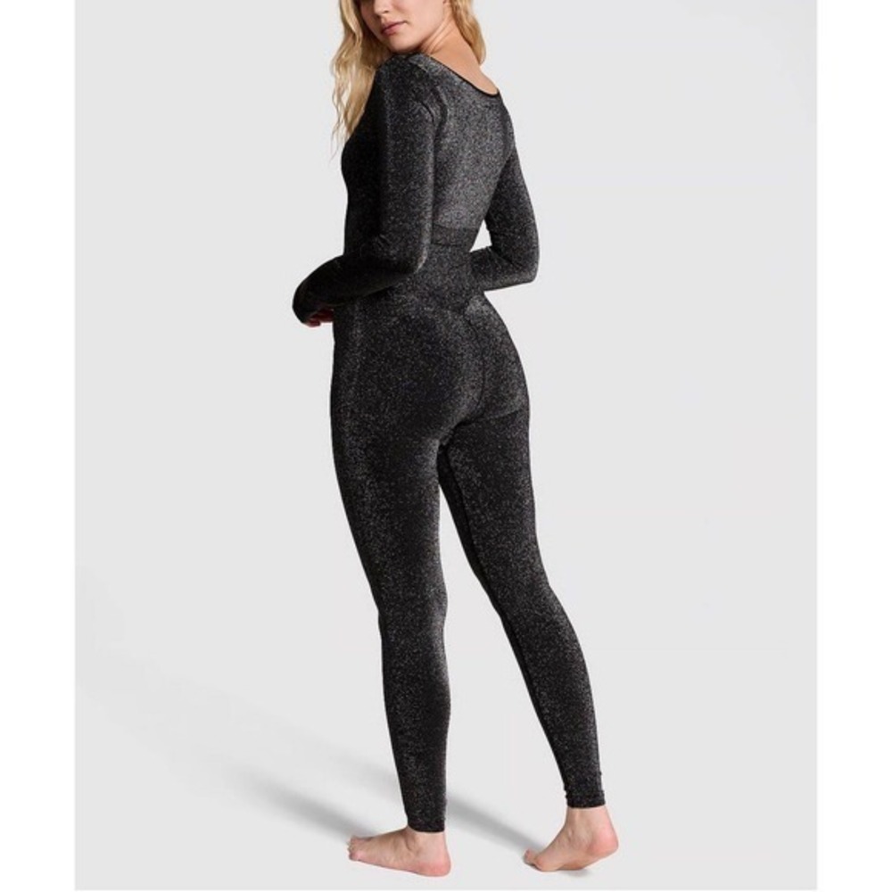 Victoria's Secret PINK Black Shimmer Long Sleeve Bodysuit Jumpsuit Sparkle NWT - Picture 2 of 4